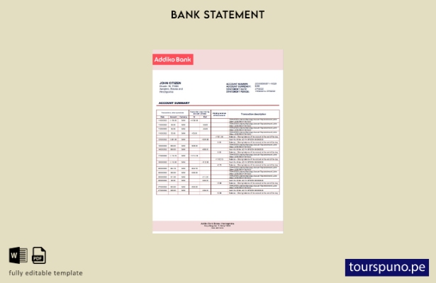 listo para imprimir plantilla de extracto bancario Addiko de Bosnia y Herzegovin